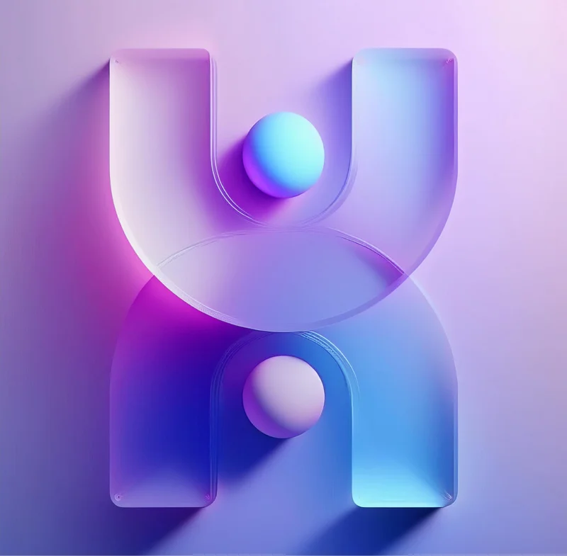 Abstract 3D shape resembling the letter 'U' with a ball, featuring a gradient of blue, purple, and pink hues, casting soft shadows on a light background.